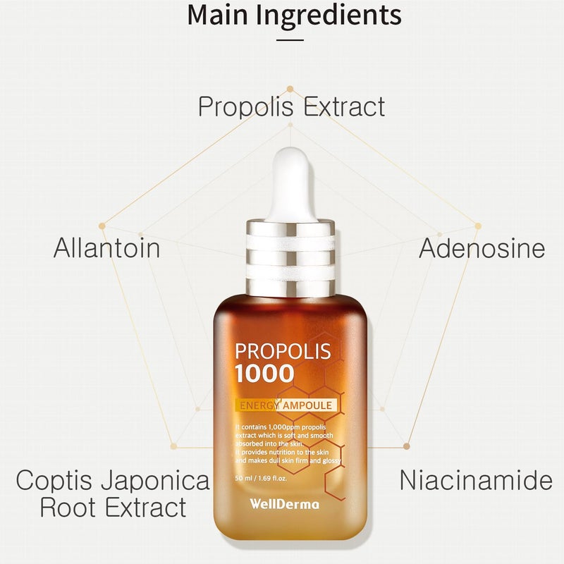 WELLDERMA Propolis 1000 Energy Ampoule, 50mL / 1.01 fl.oz – Hydrating & Revitalizing Face Serum with Propolis Extract 1,000ppm, Niacinamide & Adenosine - Image 3